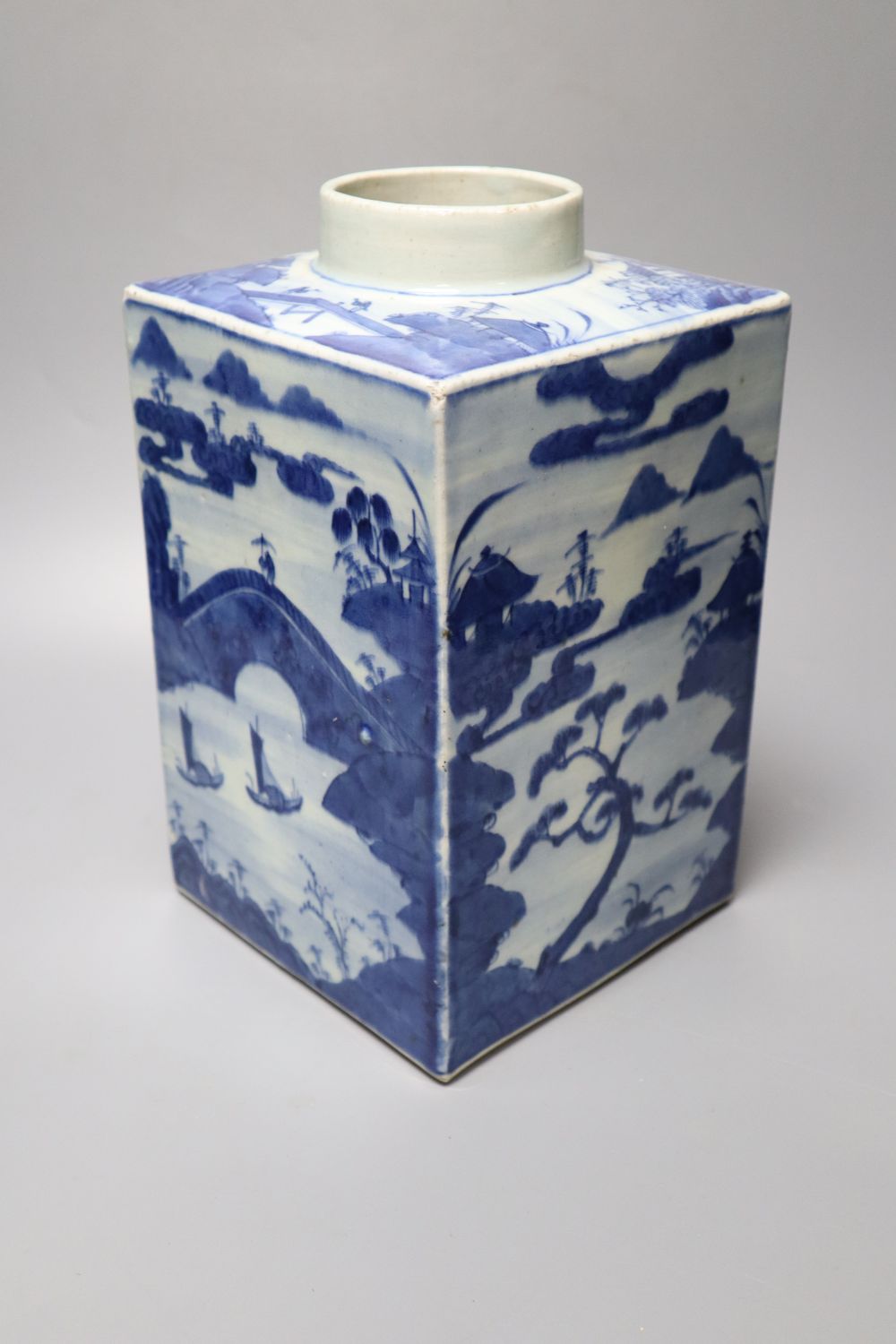 A 19th century Chinese blue and white square canister, height 30cm